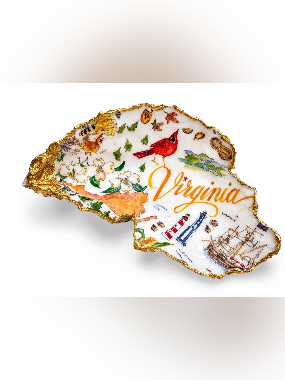 Decorative Virginia Oyster Shell Trinket  Dish or Home Decor with Gold Trim